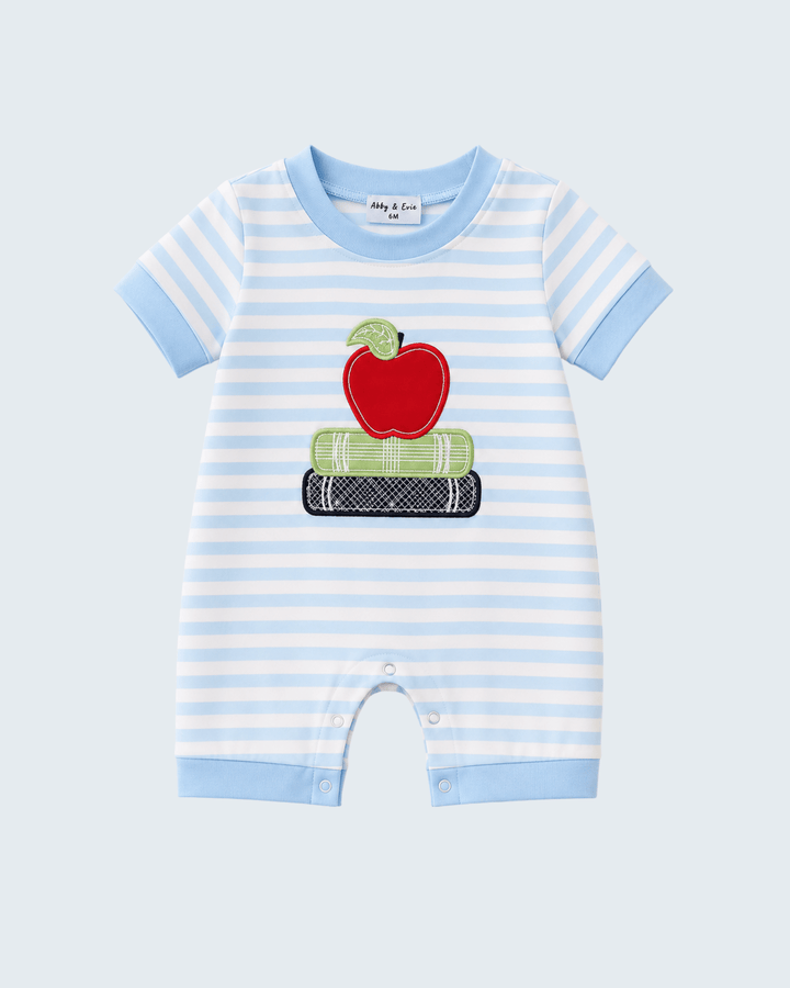 Blue Stripe Apple Book Appliqué Romper on light grey background