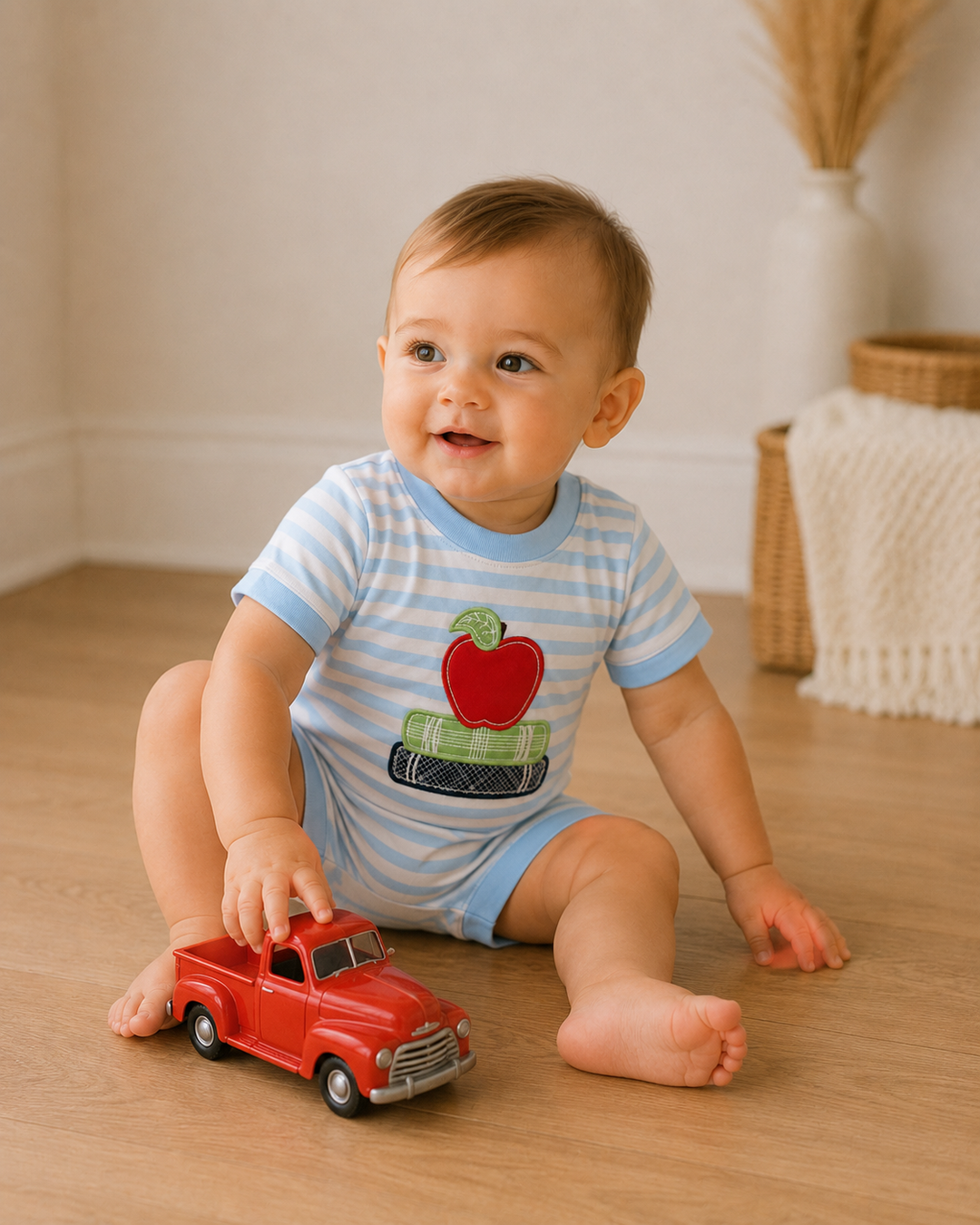 Baby boy in striped outfit sitting on the floor playing with a red truck