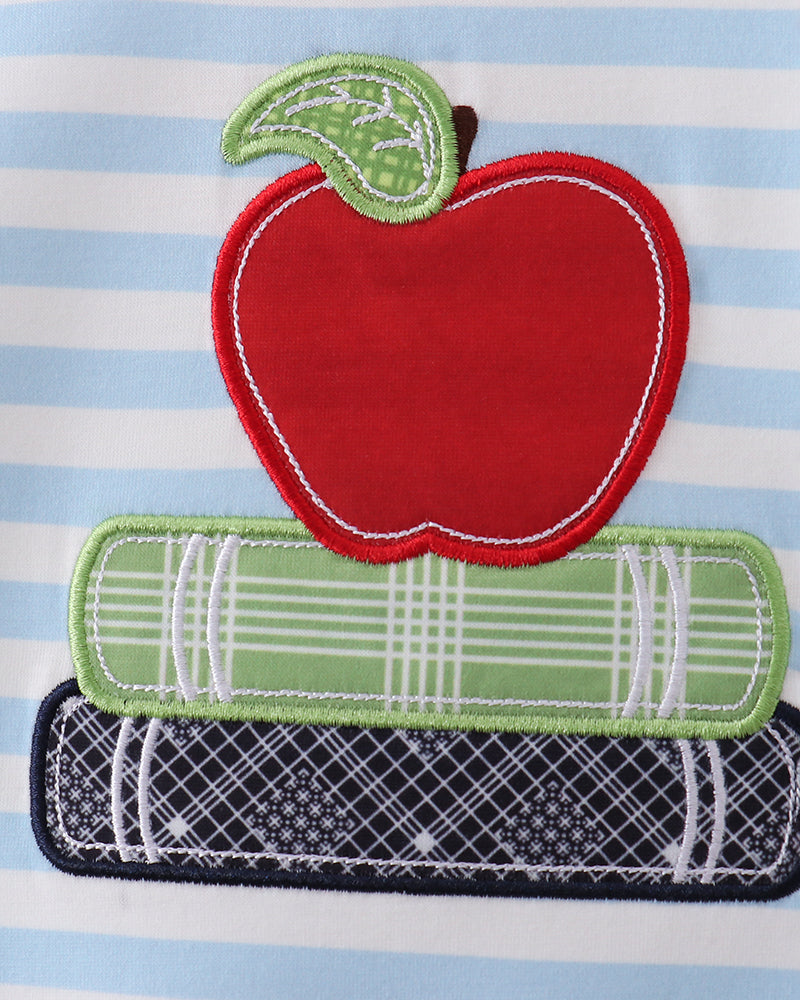 Apple and books applique on blue striped fabric