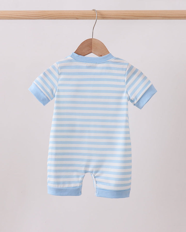Blue Stripe Apple Book Appliqué Romper on wooden hanger