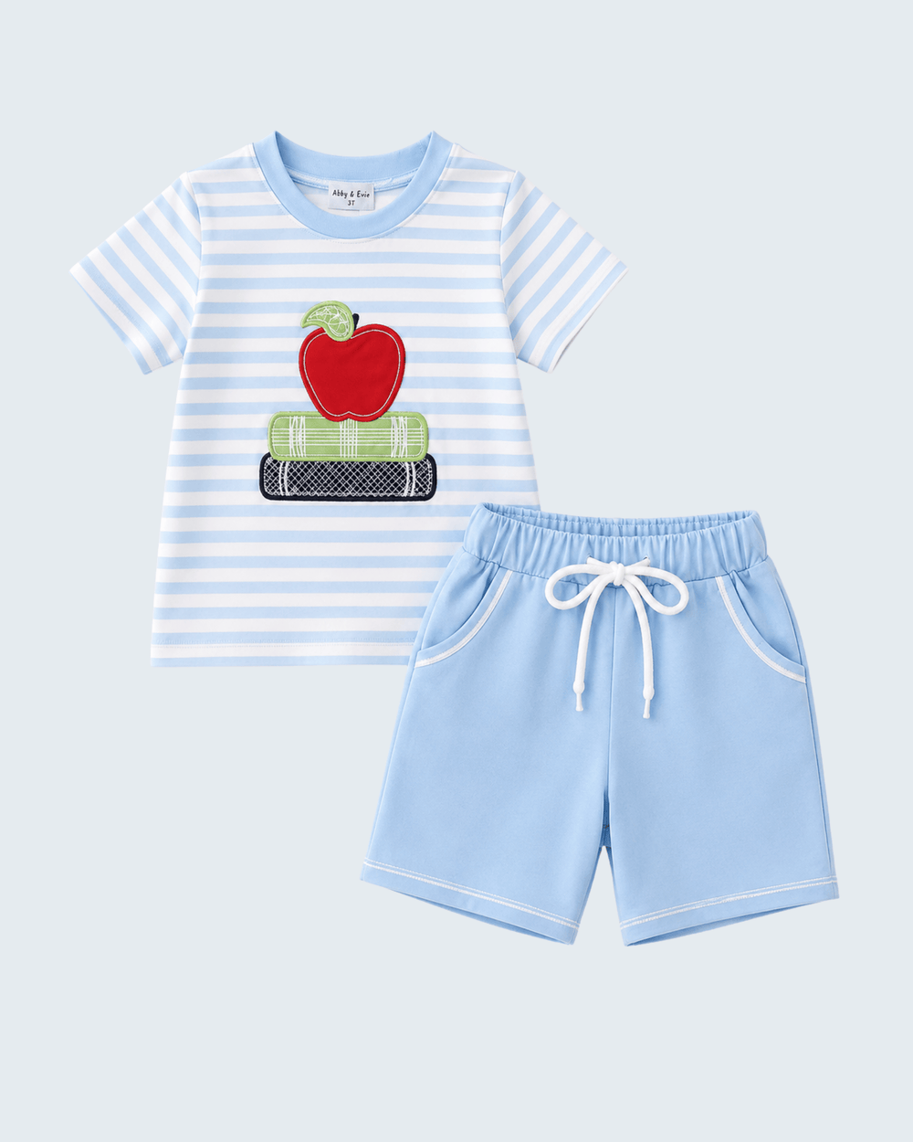 Blue and white striped T-shirt and shorts set with apple and books appliqué