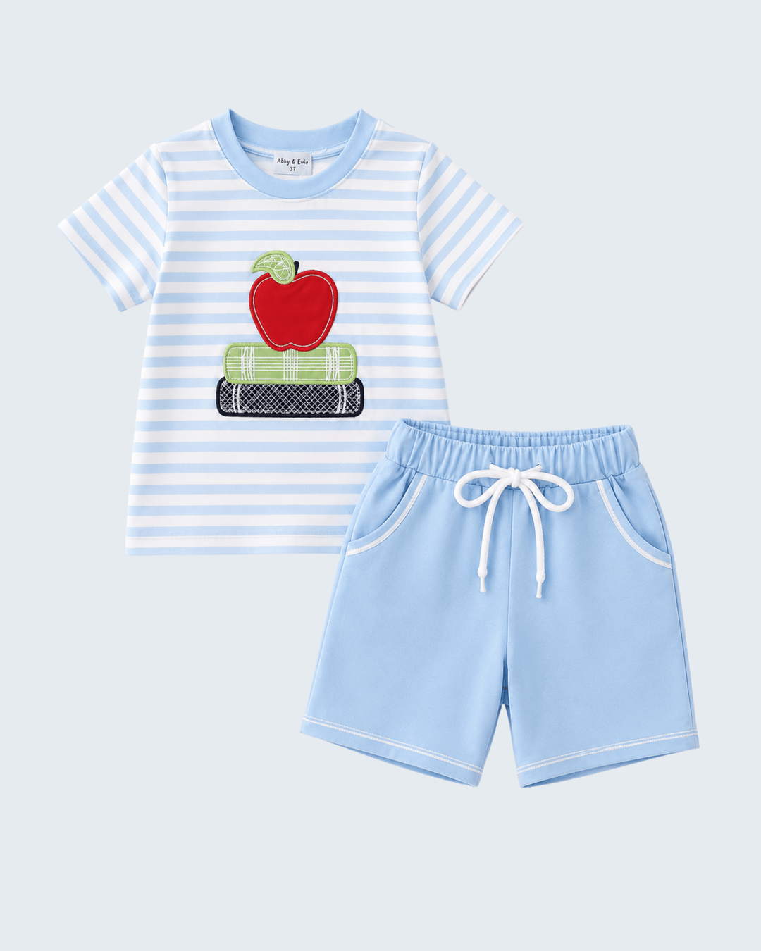 Blue Stripe Apple Book Appliqué Set on light grey background