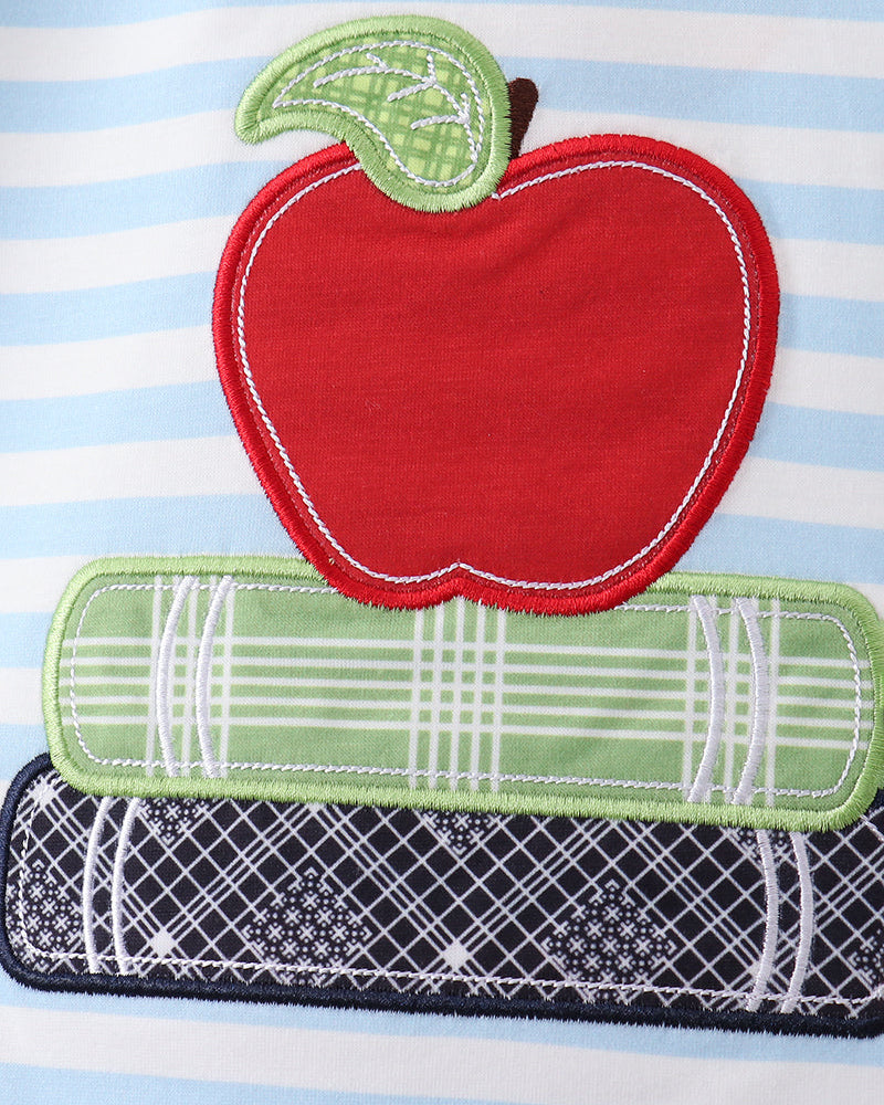 Apple and books applique on blue stripe fabric