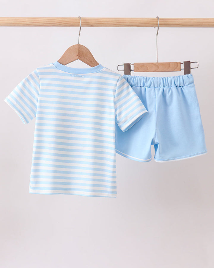 Blue Stripe Apple Book Appliqué Set on wooden hanger