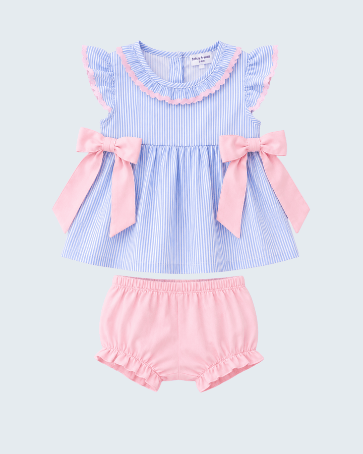 Blue Stripe Bow Bloomer Set on light grey background