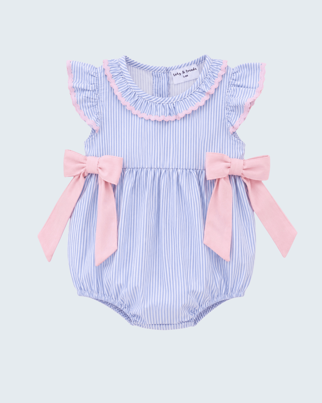 Blue Stripe Bow Ruffle Bubble on light grey background