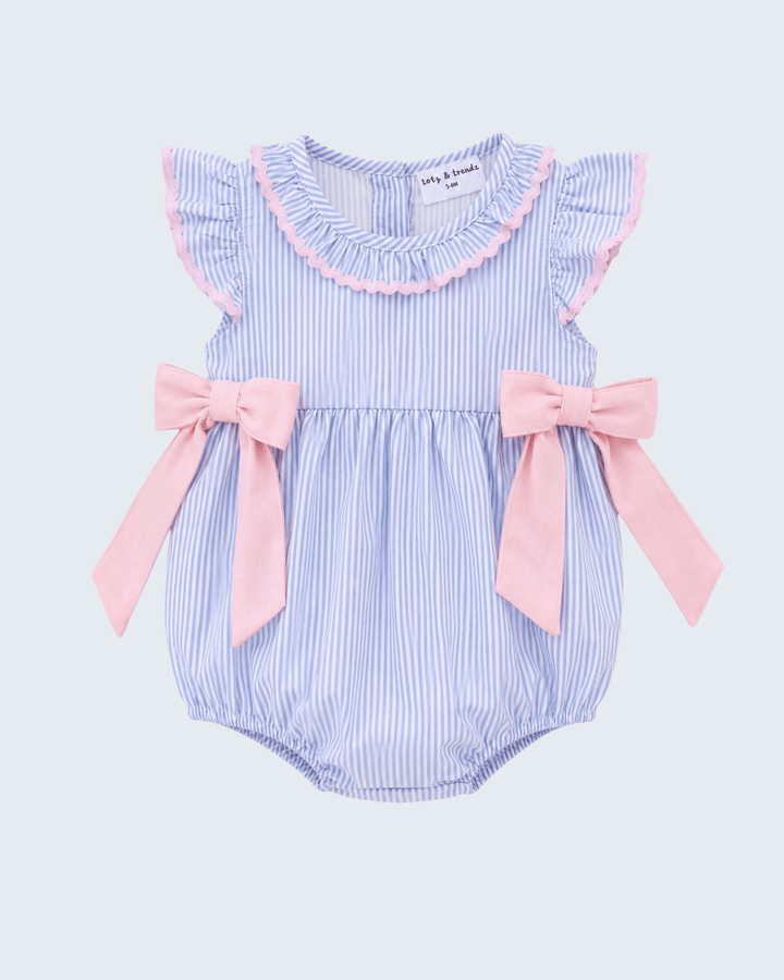 Blue Stripe Bow Ruffle Bubble on light grey background