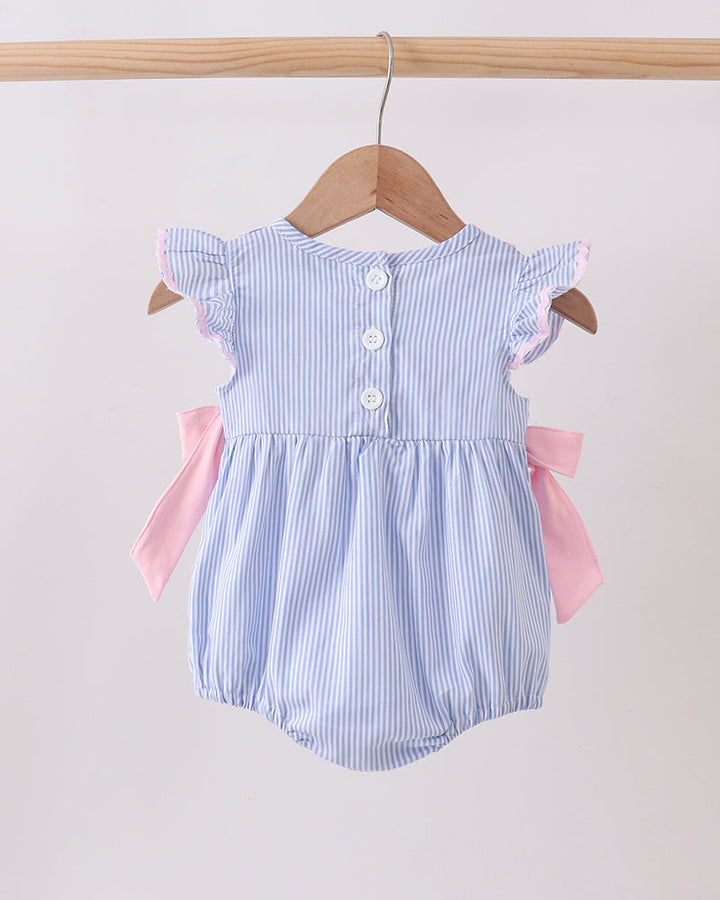 Blue Stripe Bow Ruffle Bubble on wooden hanger
