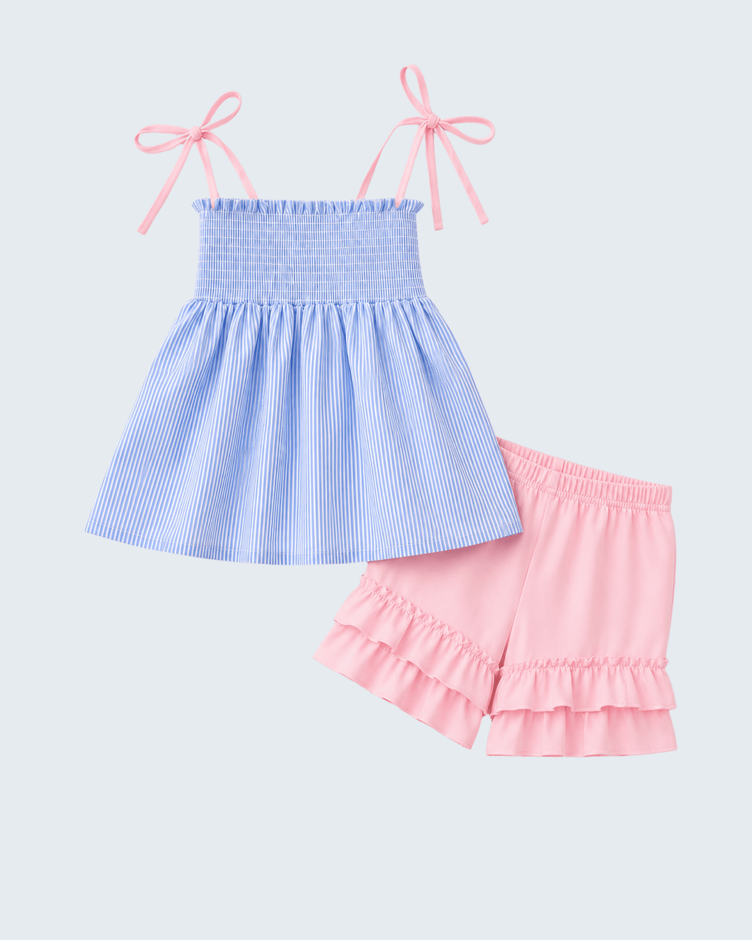Blue Stripe Bow Smocked Ruffle Shorts Set on light grey background