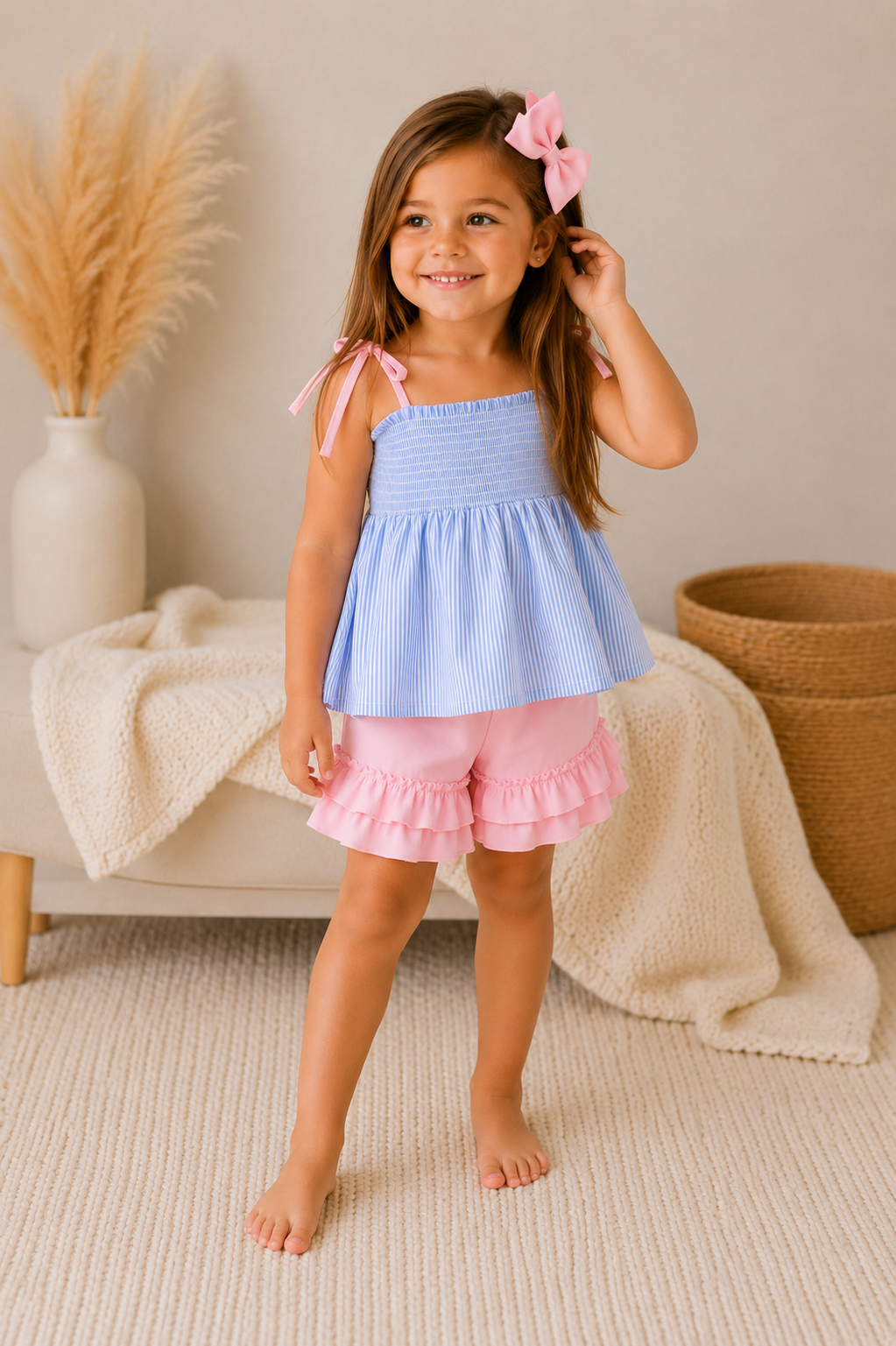 Girl standing in living room touching her hair.