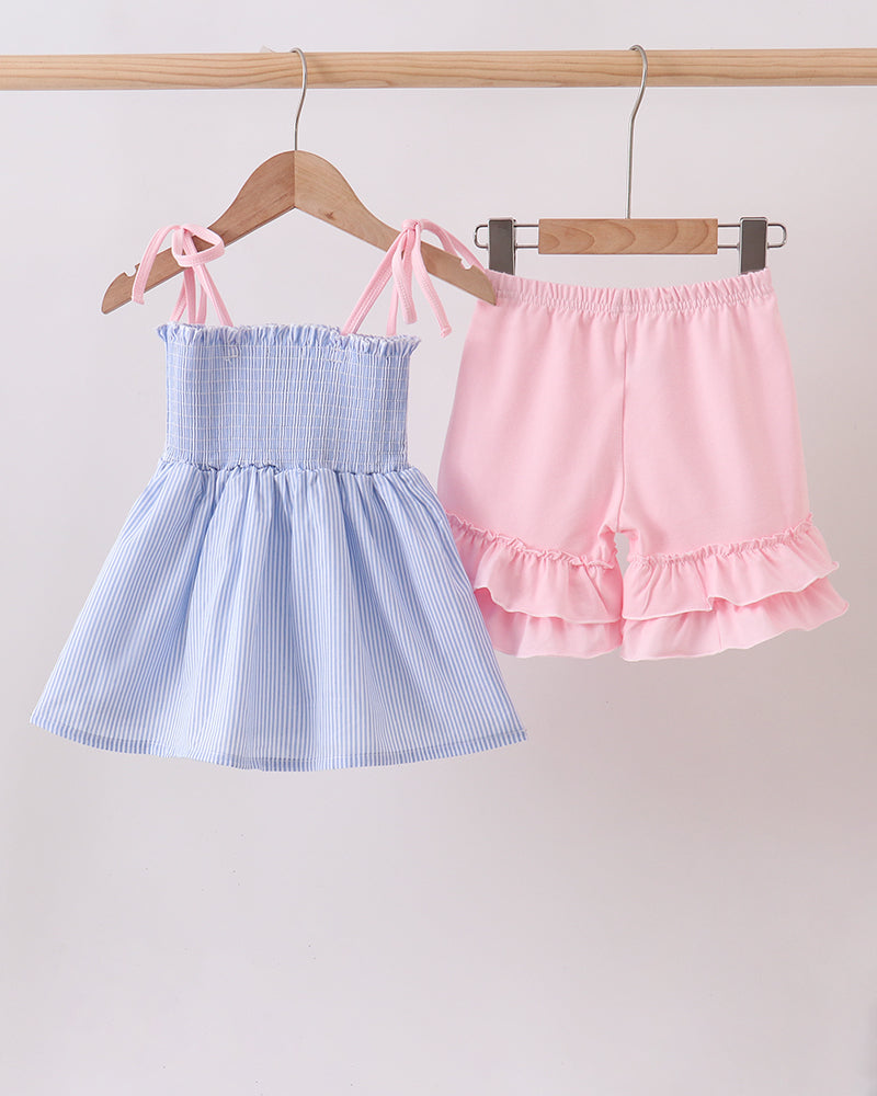 Blue Stripe Bow Smocked Ruffle Shorts Set on wooden hanger