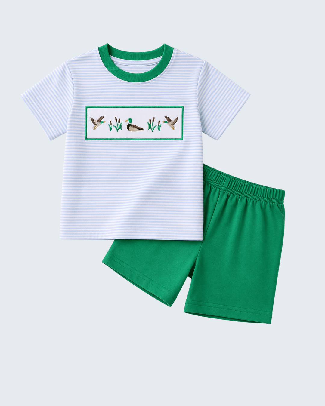 Light blue striped T-shirt with duck-and-reeds embroidery and green shorts set