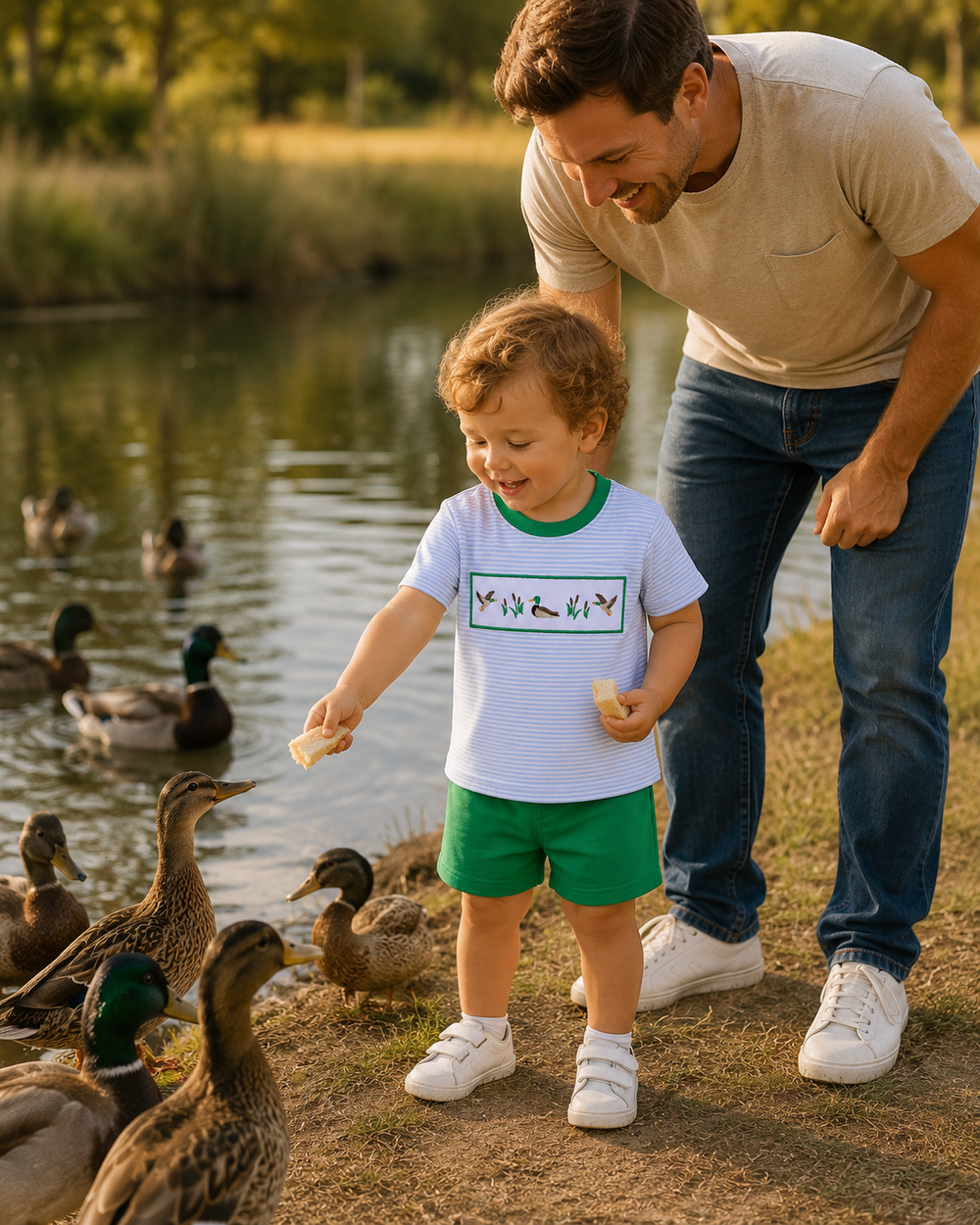 Kid wearing light blue striped T-shirt with duck embroidery and green shorts