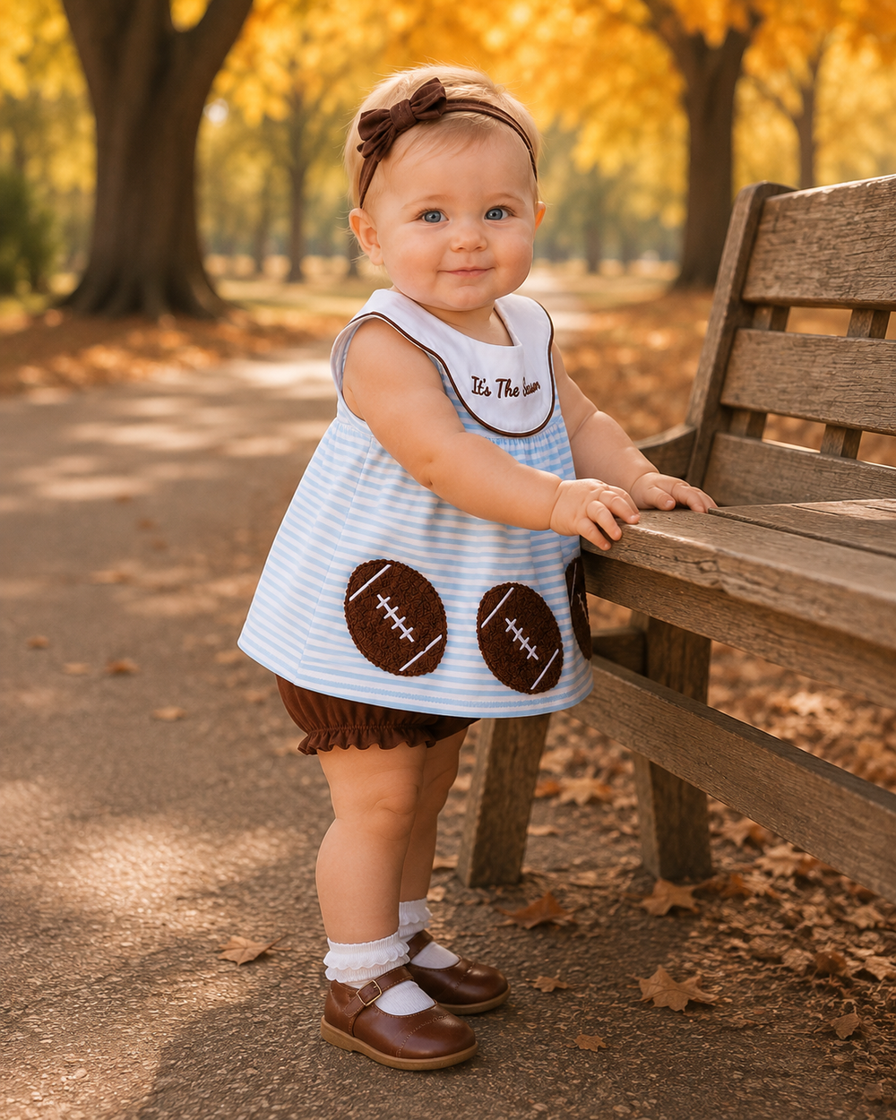 A toddler stands beside a wooden park bench wearing a light blue and white striped dress with brown football patches, a white bib, a brown bow headband, white socks, and brown shoes. The background shows an autumn park scene with trees and fallen leaves.