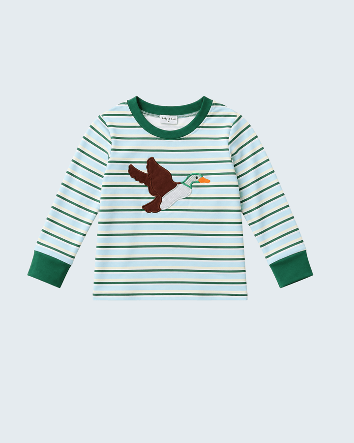 A baby long-sleeve striped shirt with green and white horizontal stripes, a dark green crew neck and cuffs, and a brown flying duck applique on the chest.