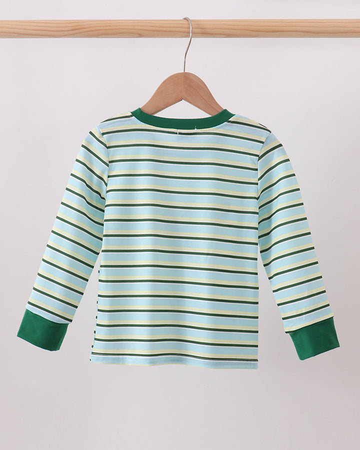 A long-sleeve striped shirt hanging on a wooden hanger against a plain light background. The shirt has horizontal stripes in light blue, white, and green, with solid green ribbed collar, cuffs, and hem.