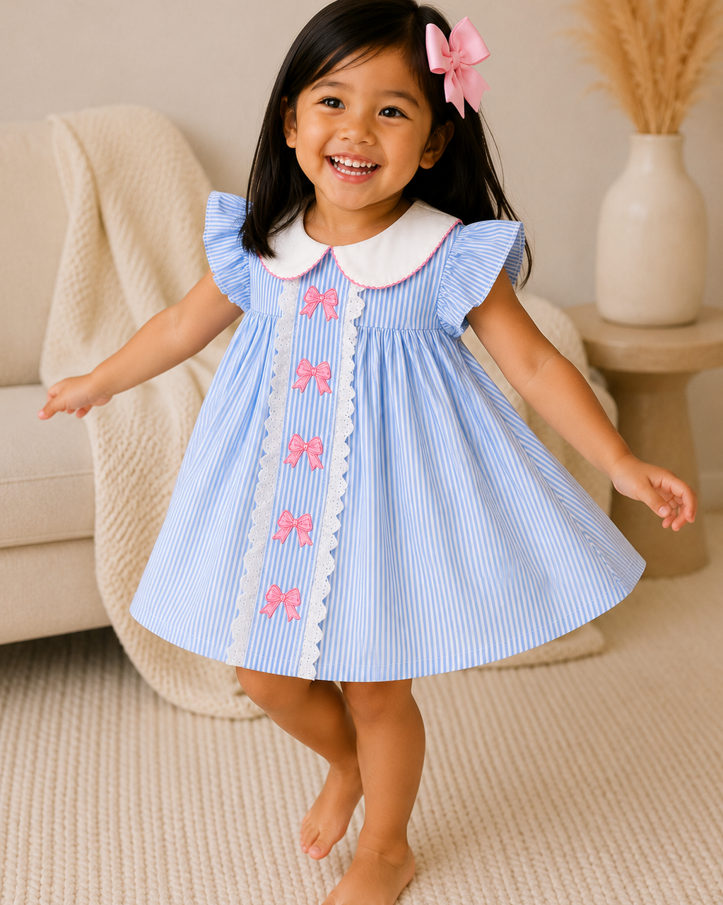 Girl twirling in blue dress in living room