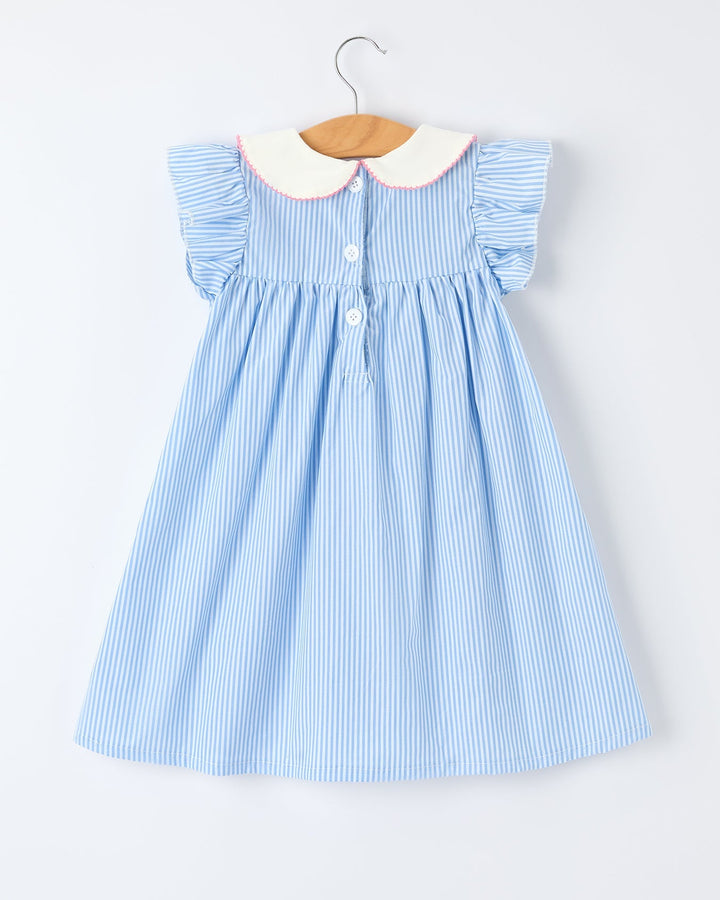 Blue striped dress with a white collar on a hanger against a light gray background