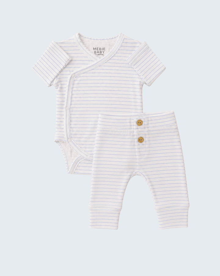 Blue-striped pointelle baby layette set: short-sleeve bodysuit and matching pants