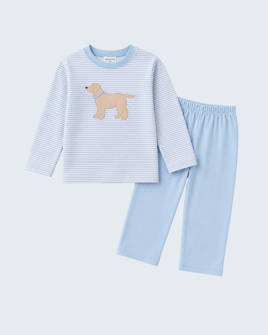 Striped dog applique long-sleeve top with matching light blue pajama pants set