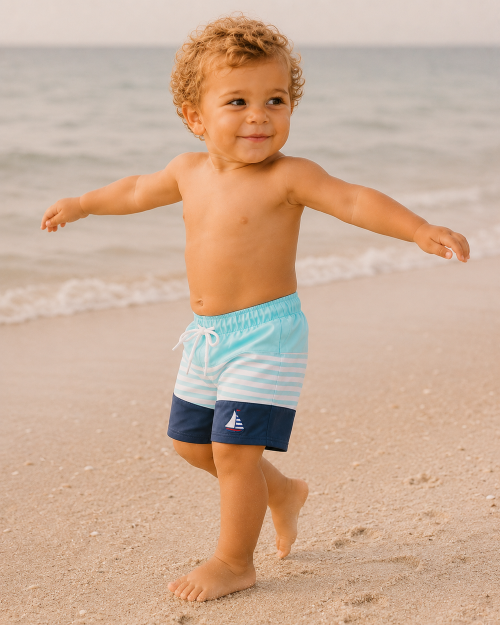 Child wearing blue striped swim shorts on a beach