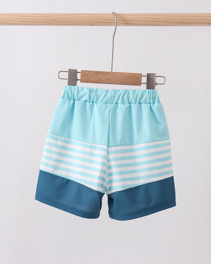 Blue and white striped shorts hanging on a wooden hanger against a light gray background