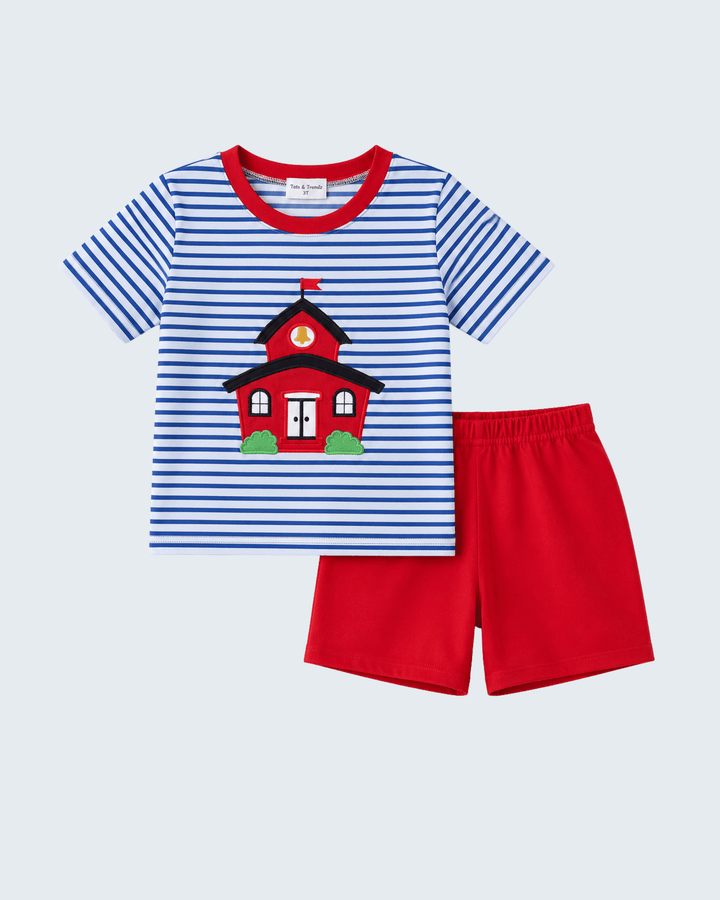 Striped T-shirt and red shorts set with schoolhouse applique