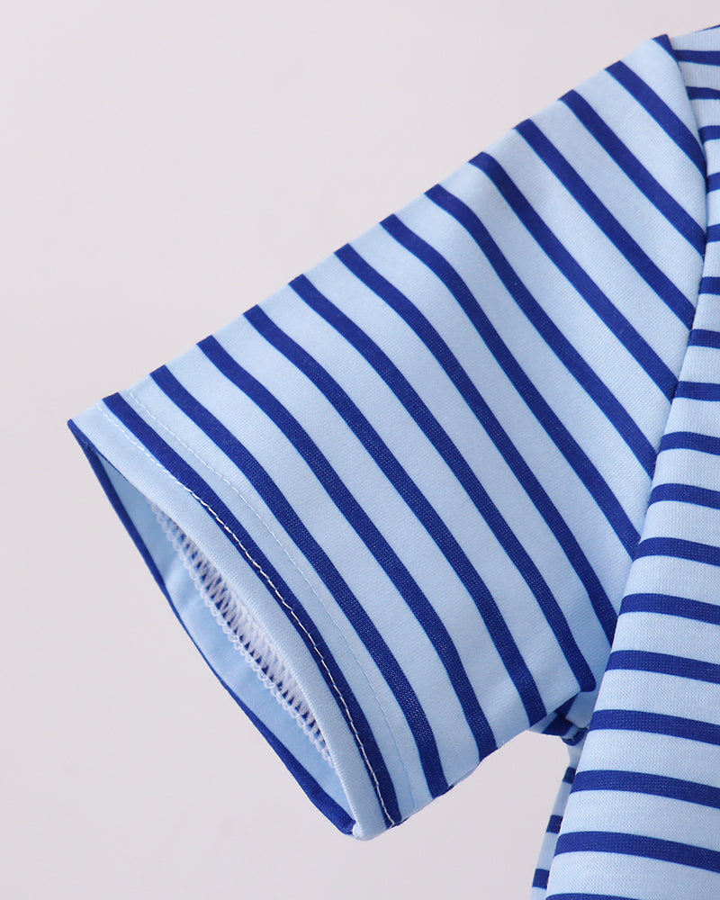 Blue and white striped T-shirt sleeve detail with stitched cuff
