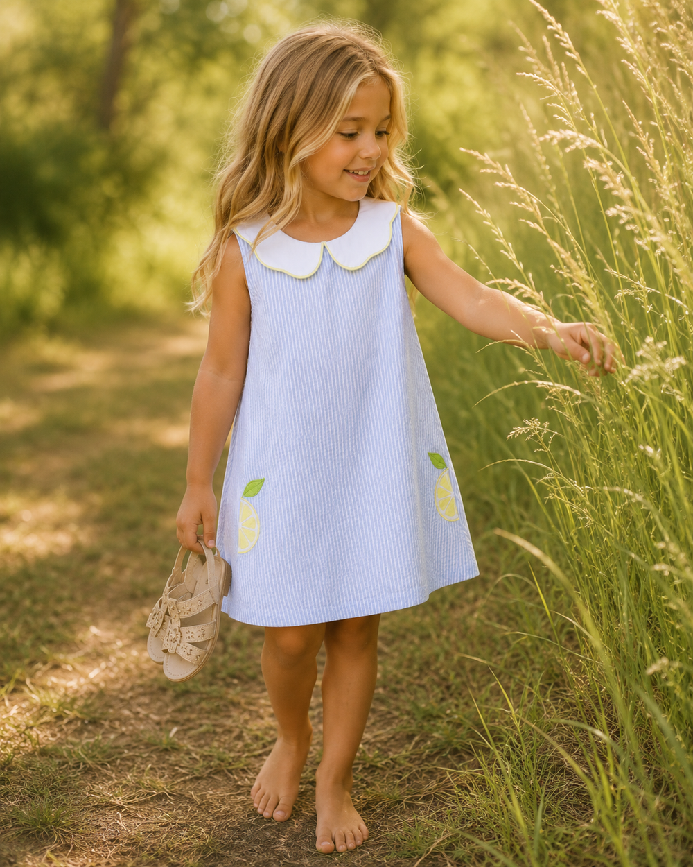 Young girl in a light blue dress with lemon designs standing in tall grass.