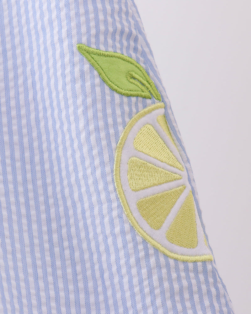 Close-up of a blue and white striped shirt with a lemon patch on a light gray background