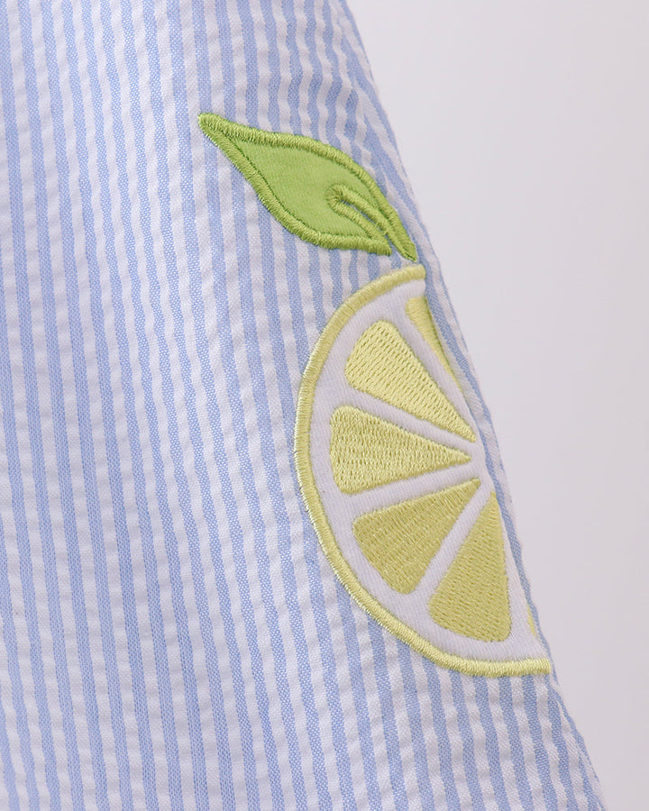 Close-up of a blue and white striped shirt with a lemon patch on a light gray background