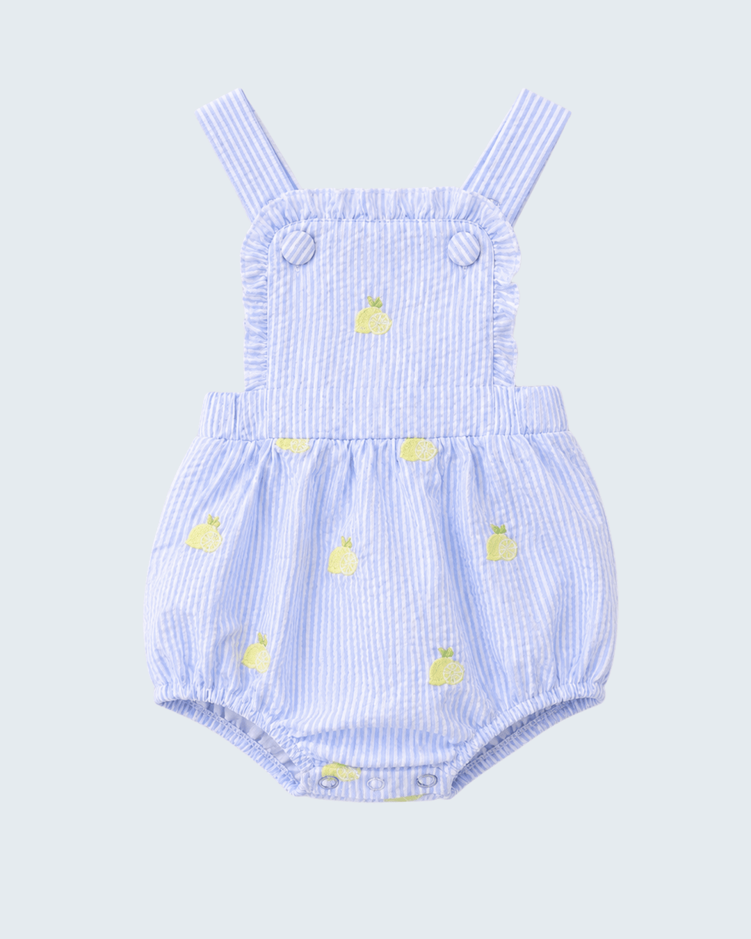 Blue Stripe Seersucker Lemon Embroidered Ruffle Bubble