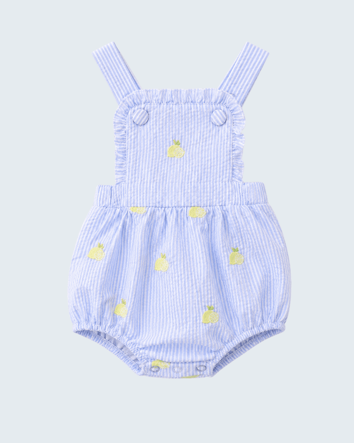 Blue Stripe Seersucker Lemon Embroidered Ruffle Bubble