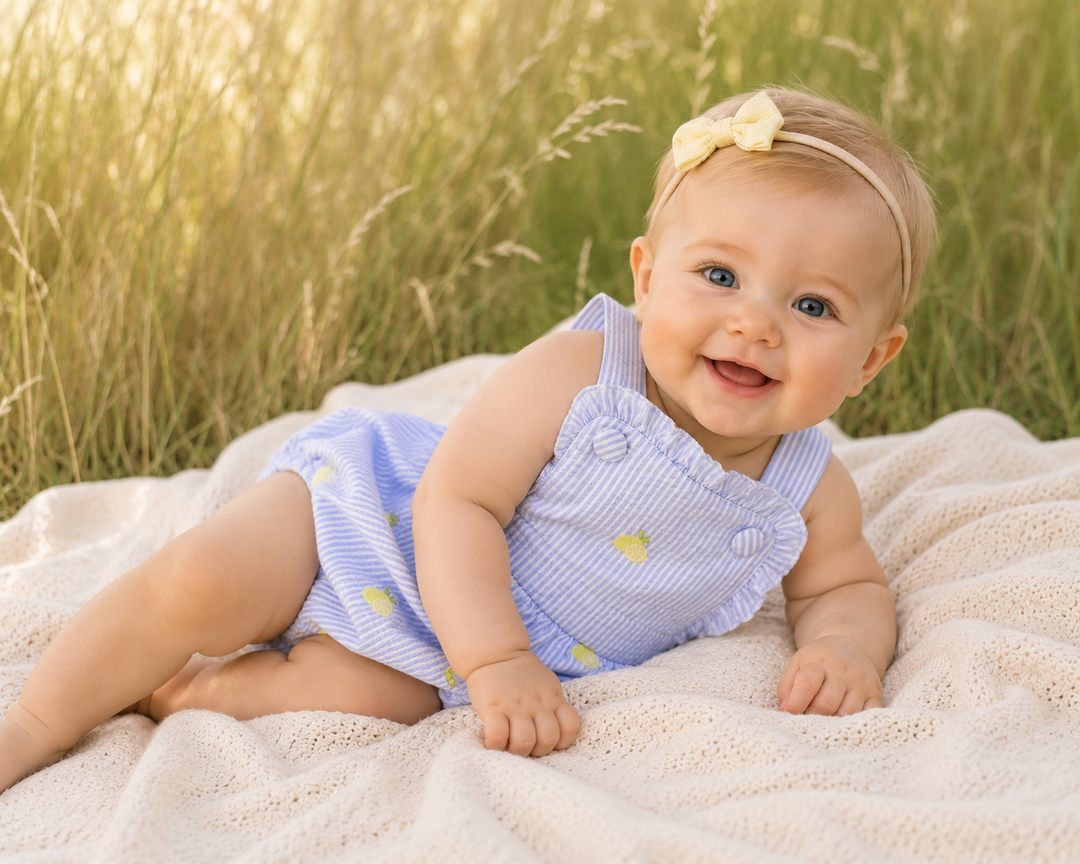 Baby in a blue dress sitting on a blanket in a grassy field