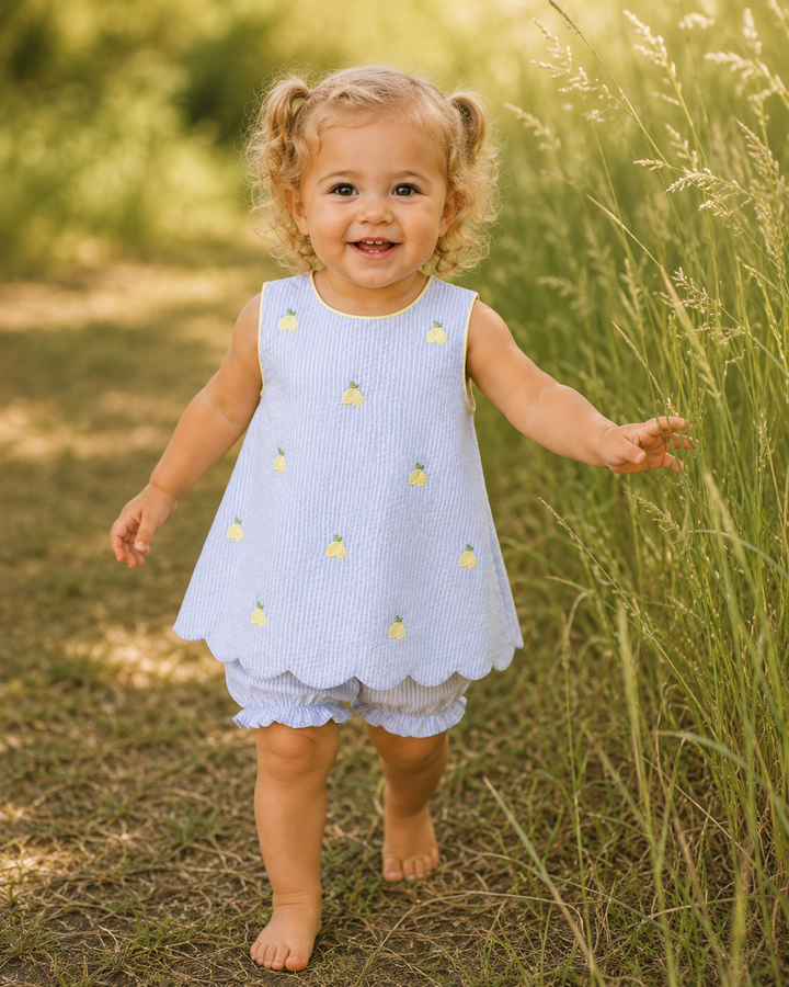 Blue Stripe Seersucker Lemon Embroidered Scalloped Bloomer Set