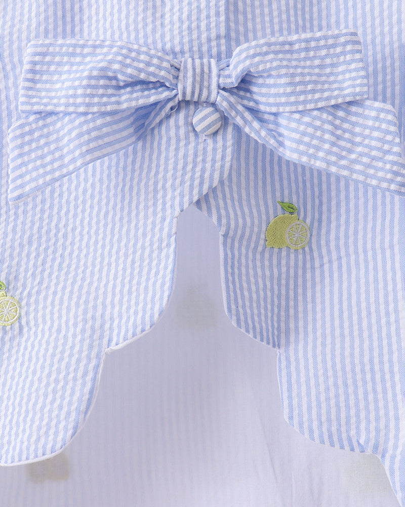 Blue Stripe Seersucker Lemon Embroidered Scalloped Bloomer Set