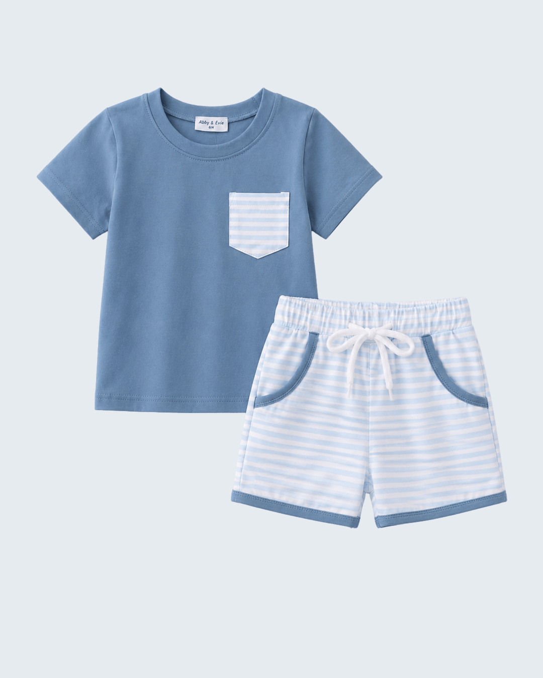 Children's blue t-shirt and striped shorts set on a light gray background