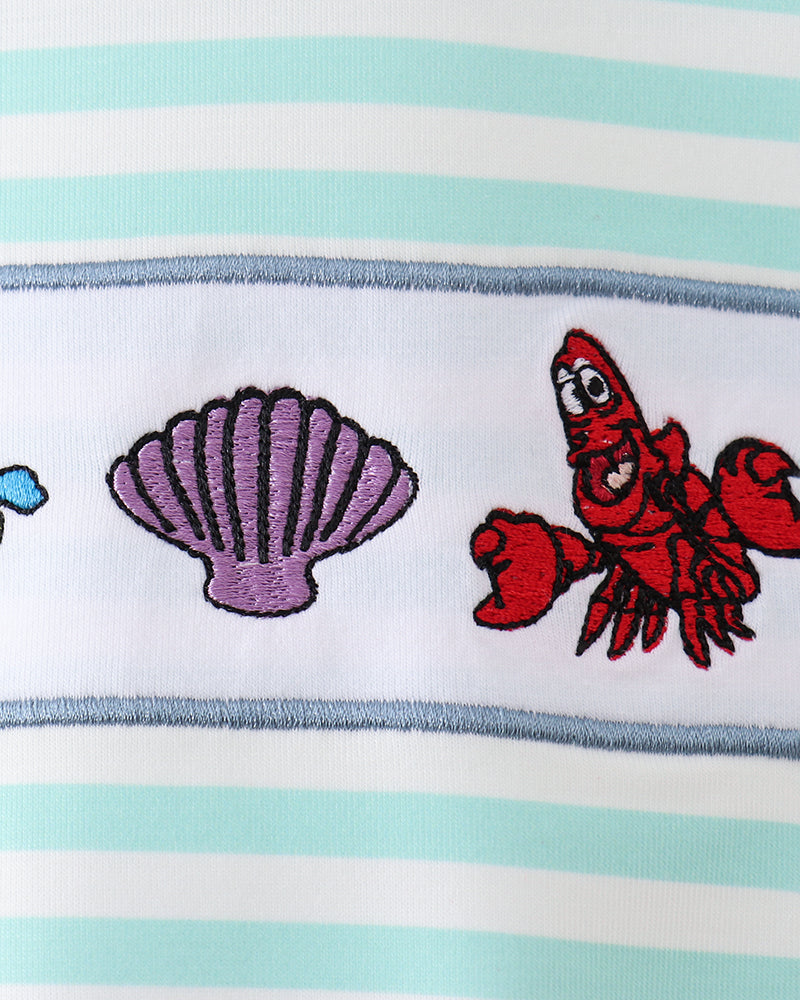 Crab and seashell embroidery on stripe romper
