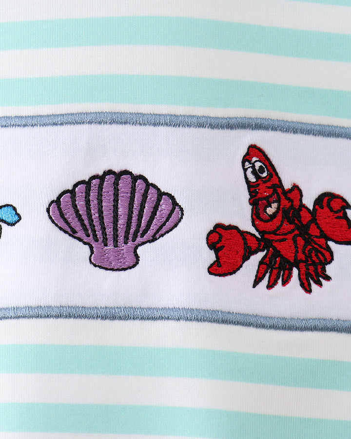 Crab and seashell embroidery on stripe romper