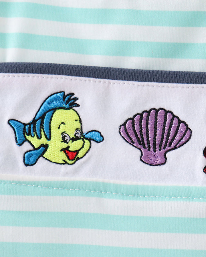 Fish and seashell embroidery on striped romper