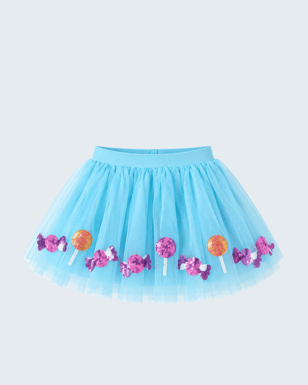 Light blue tulle tutu skirt with scattered sequin flowers and gold round accents.