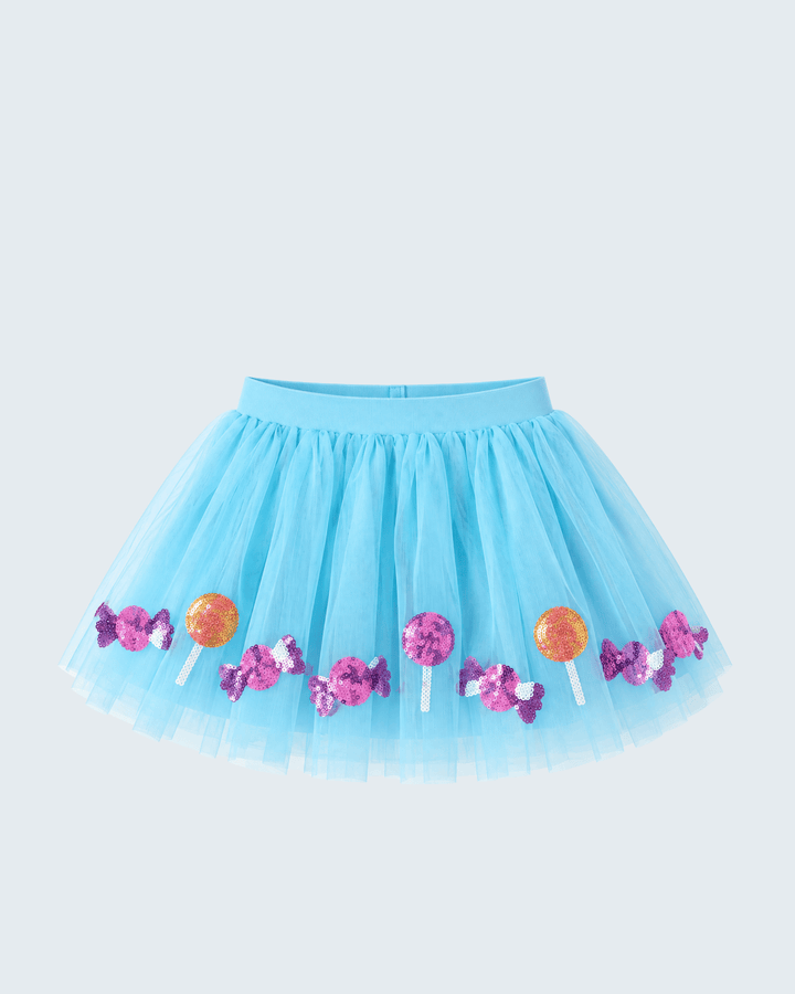 Light blue tulle tutu skirt with scattered sequin flowers and gold round accents.