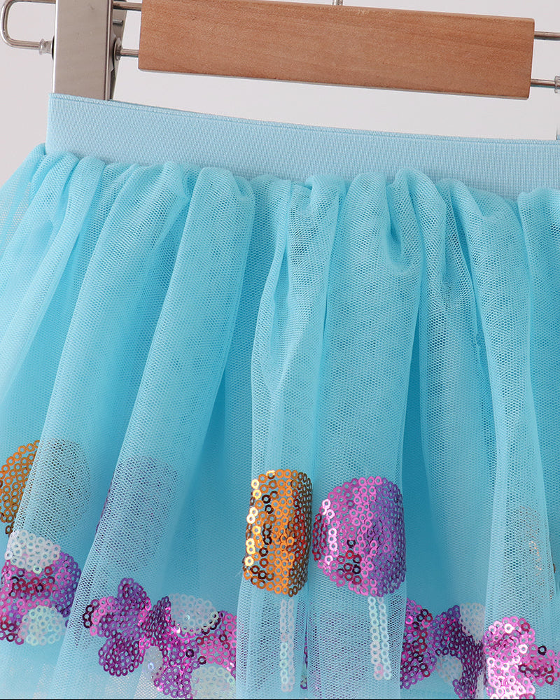 Light blue sequin tutu skirt with pleated tulle and purple, orange, silver heart patches