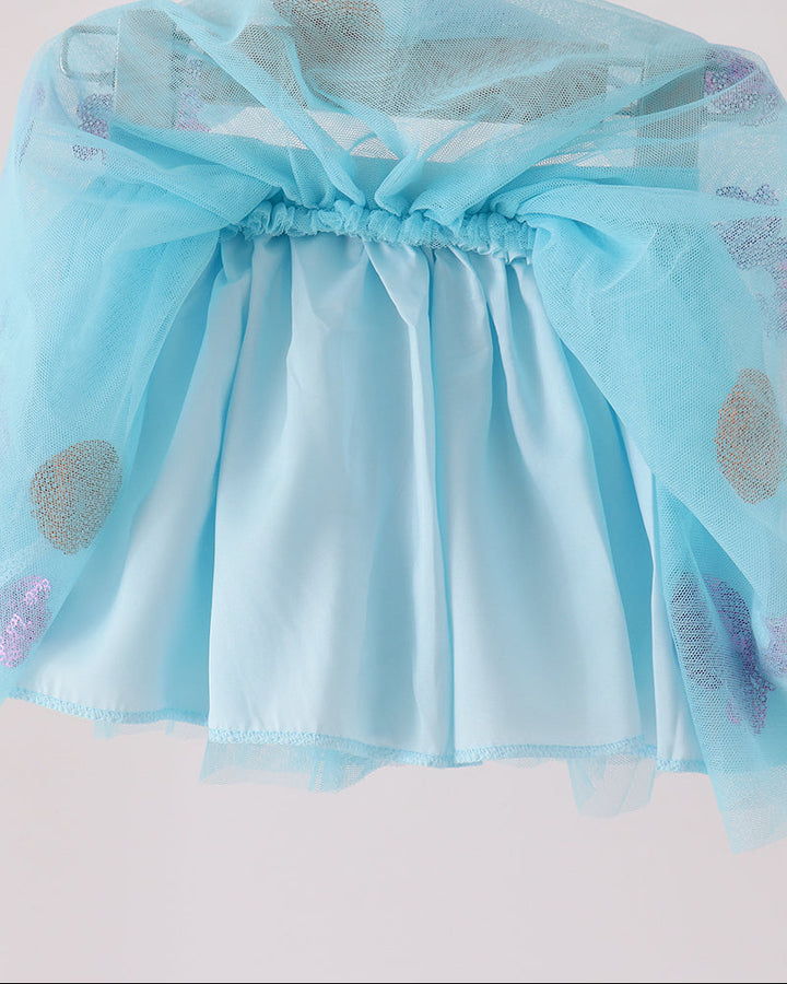Light blue gathered tutu skirt with elastic waistband and scattered sequin heart accents