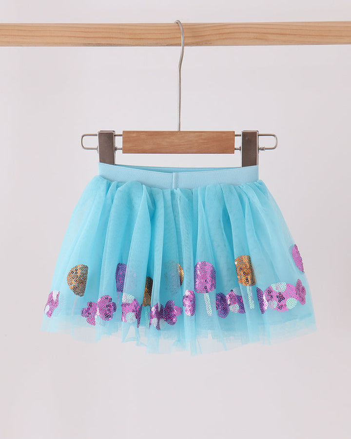 Blue tulle sequin tutu skirt with repeated heart sequins in purple and orange