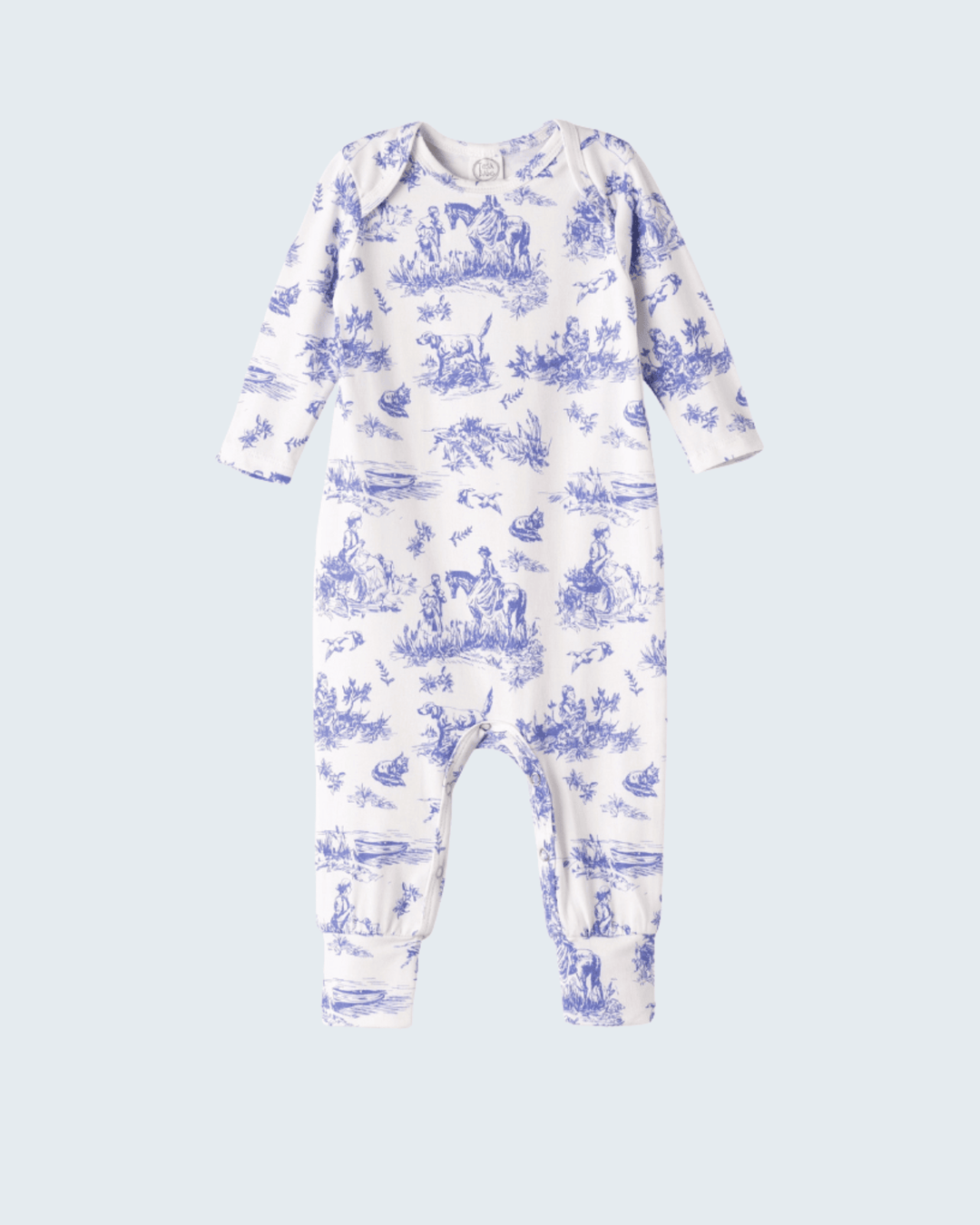 Blue toile de Jouy bamboo romper with long sleeves and allover animal print