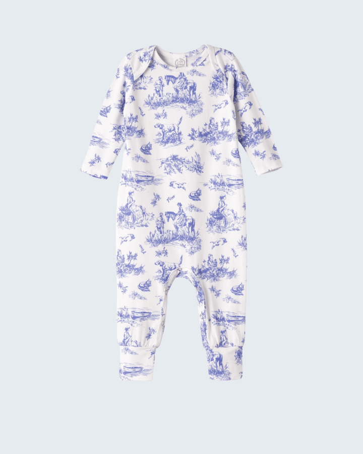 Blue toile de Jouy bamboo romper with long sleeves and allover animal print