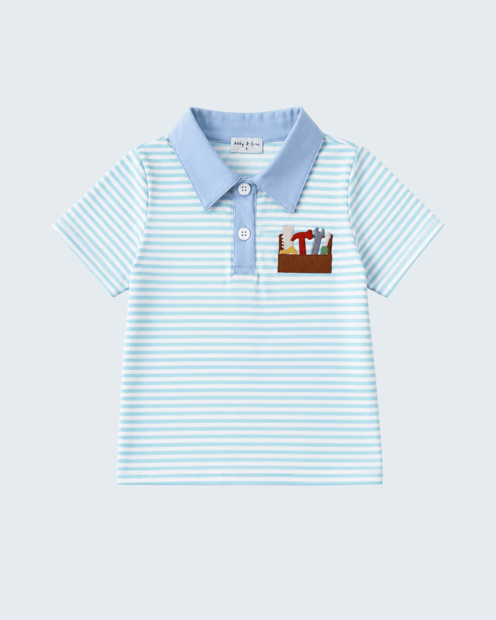 Blue striped polo shirt with light-blue collar and tool chest embroidery on the chest