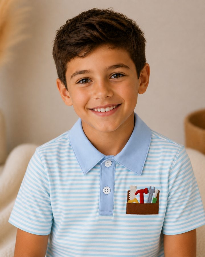 Kids blue striped polo shirt with light-blue collar and tool chest embroidered pocket