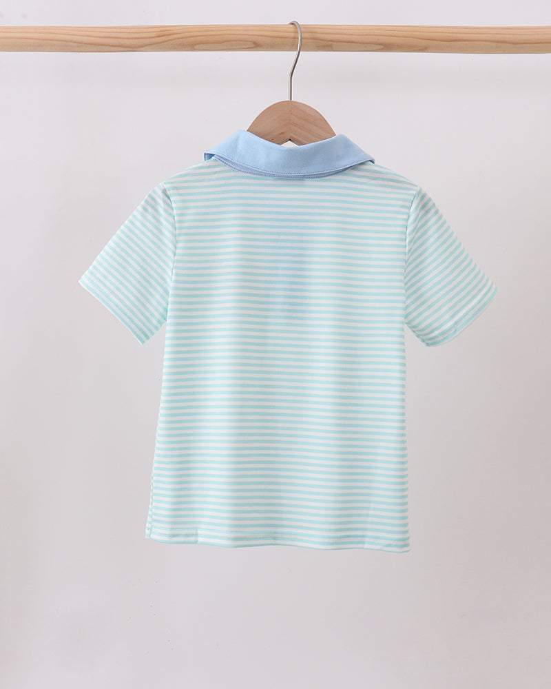 Light blue striped polo shirt back with ribbed collar